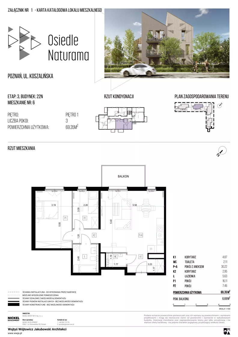 3 pokoje, mieszkanie 69,35 m², piętro 1, oferta nr 22N/06, Naturama III, Poznań, Strzeszyn, Strzeszyn, ul. Koszalińska 22