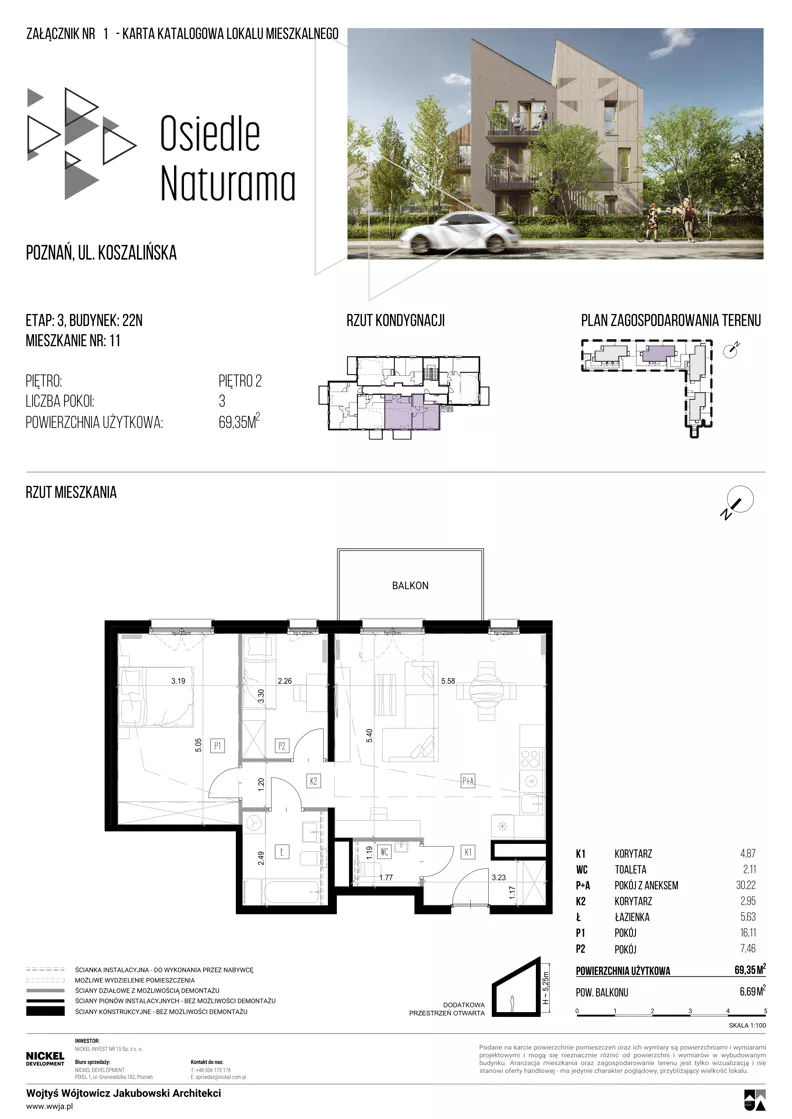3 pokoje, mieszkanie 69,35 m², piętro 2, oferta nr 22N/11, Naturama III, Poznań, Strzeszyn, Strzeszyn, ul. Koszalińska 22