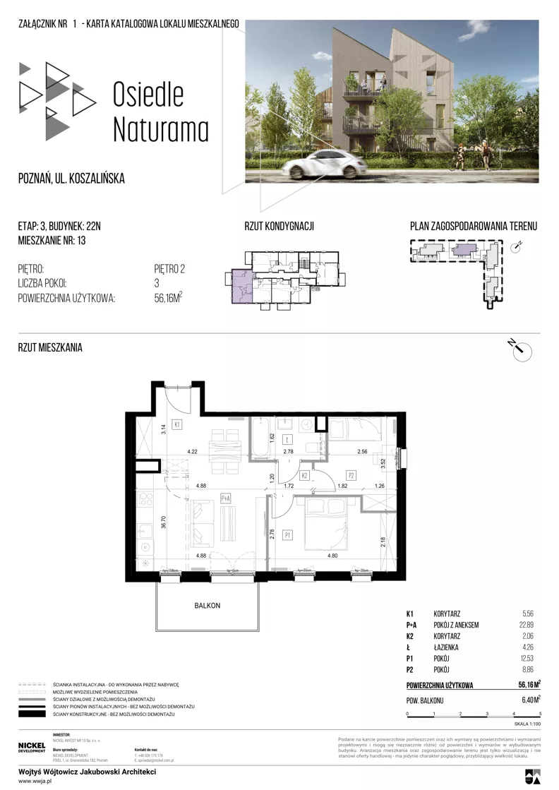 3 pokoje, mieszkanie 56,16 m², piętro 2, oferta nr 22N/13, Naturama III, Poznań, Strzeszyn, Strzeszyn, ul. Koszalińska 22
