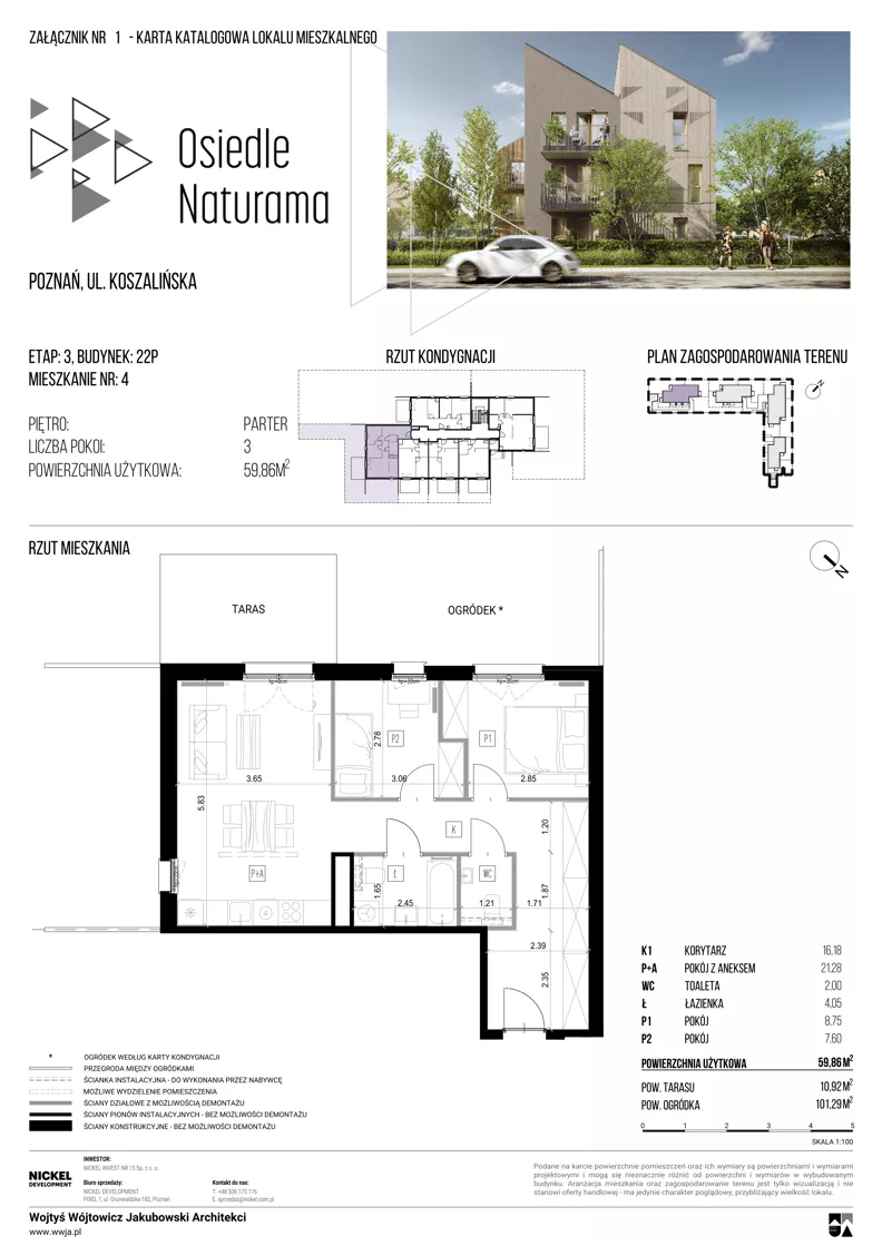 3 pokoje, mieszkanie 59,86 m², parter, oferta nr 22P/04, Naturama III, Poznań, Strzeszyn, Strzeszyn, ul. Koszalińska 22