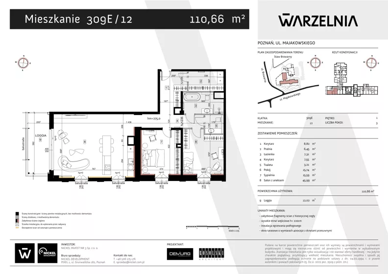 3 pokoje, apartament 110,66 m², piętro 1, oferta nr 309E/12, Warzelnia II, Poznań, Antoninek-Zieliniec-Kobylepole, Kobylepole, ul. Majakowskiego 309