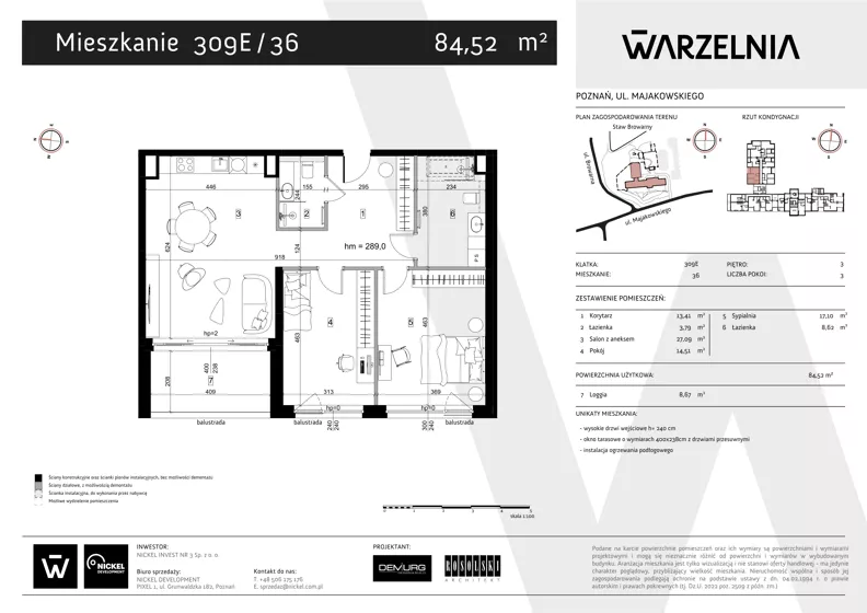 3 pokoje, apartament 84,52 m², piętro 3, oferta nr 309E/36, Warzelnia II, Poznań, Antoninek-Zieliniec-Kobylepole, Kobylepole, ul. Majakowskiego 309