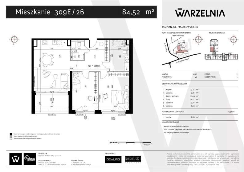 3 pokoje, apartament 84,52 m², piętro 2, oferta nr 309E/26, Warzelnia II, Poznań, Antoninek-Zieliniec-Kobylepole, Kobylepole, ul. Majakowskiego 309