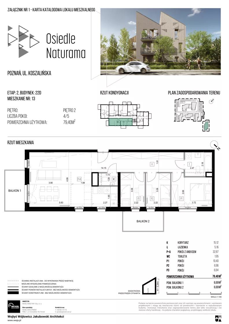 4 pokoje, mieszkanie 79,40 m², piętro 2, oferta nr 22D/13, Naturama II, Poznań, Strzeszyn, Strzeszyn, ul. Koszalińska 22
