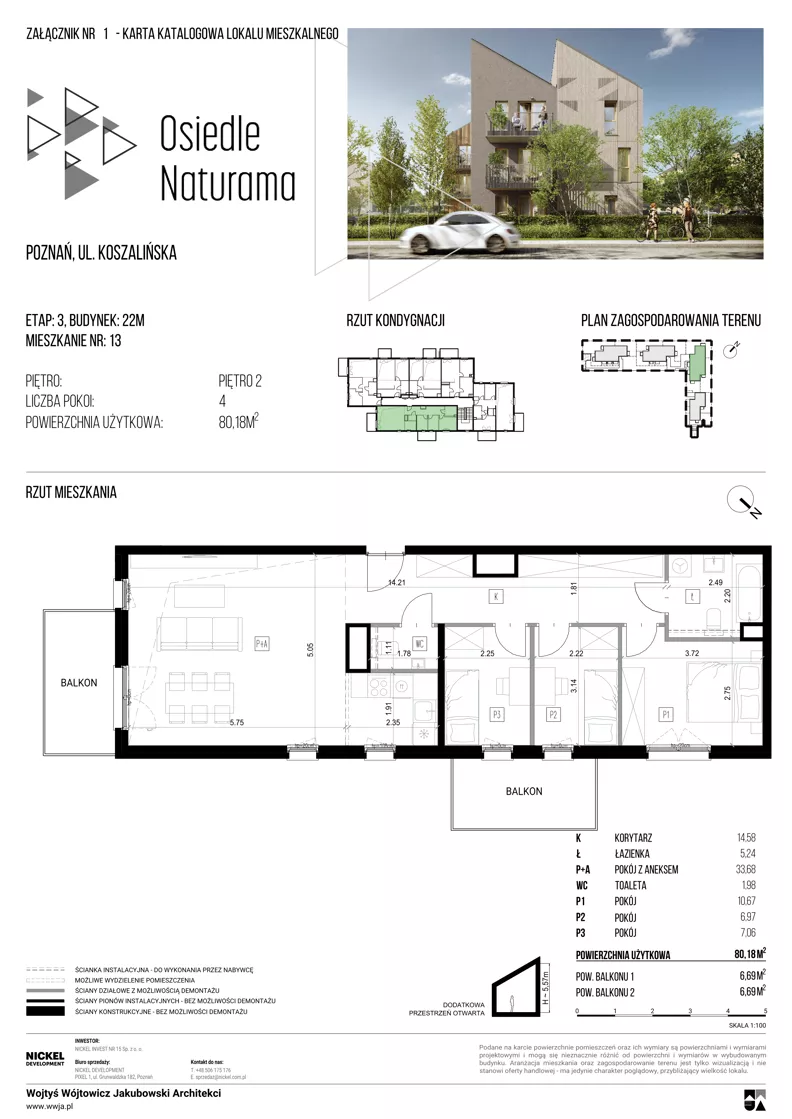 4 pokoje, mieszkanie 80,18 m², piętro 2, oferta nr 22M/13, Naturama III, Poznań, Strzeszyn, Strzeszyn, ul. Koszalińska 22