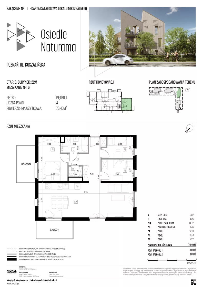 4 pokoje, mieszkanie 76,40 m², piętro 1, oferta nr 22M/06, Naturama III, Poznań, Strzeszyn, Strzeszyn, ul. Koszalińska 22
