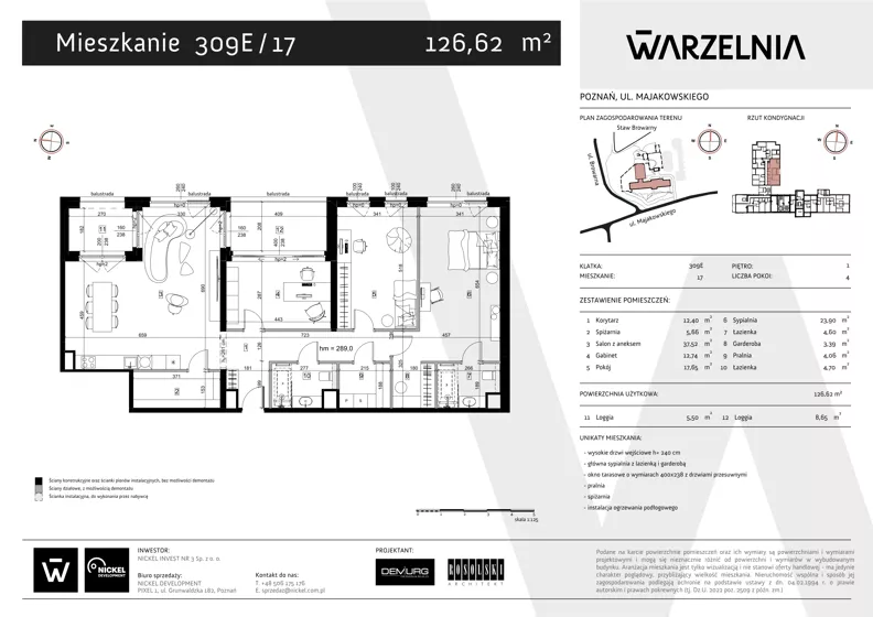 4 pokoje, apartament 126,62 m², piętro 1, oferta nr 309E/17, Warzelnia II, Poznań, Antoninek-Zieliniec-Kobylepole, Kobylepole, ul. Majakowskiego 309