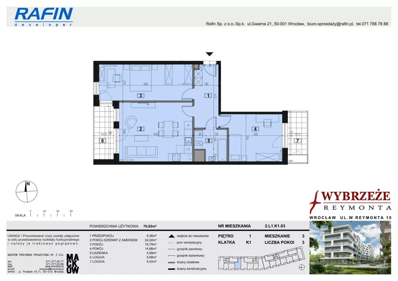 3 pokoje, apartament 71,46 m², piętro 1, oferta nr 2/L1/K1/03, Wybrzeże Reymonta 3, Wrocław, Kleczków, Psie Pole, ul. Władysława Reymonta