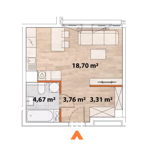 1 pokój, mieszkanie 30,22 m², piętro 5, oferta nr 43/POR-A.05.06, Apartamenty Portowa, Kraków, Podgórze, Zabłocie, ul. Portowa 43