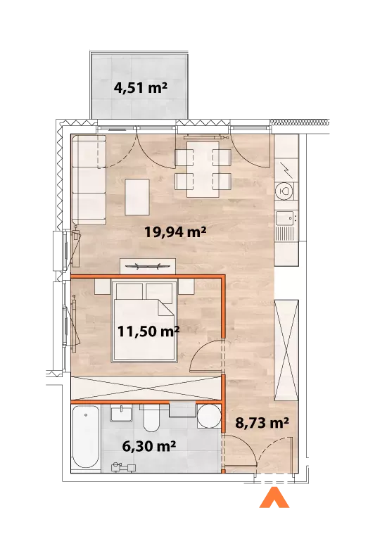 2 pokoje, mieszkanie 46,16 m², piętro 7, oferta nr 43/POR-B.07.03, Apartamenty Portowa, Kraków, Podgórze, Zabłocie, ul. Portowa 43