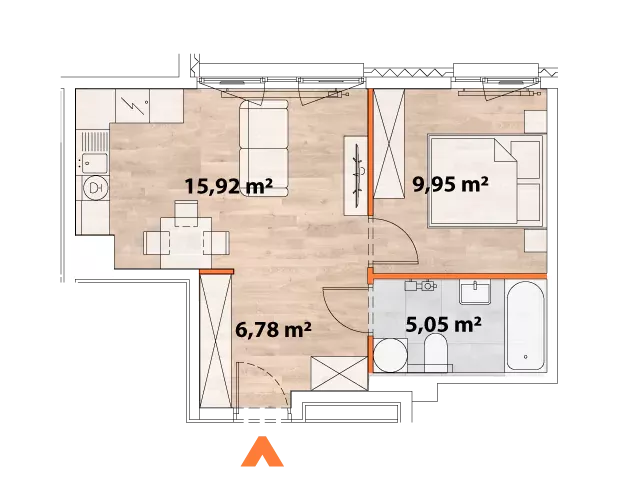 2 pokoje, mieszkanie 37,55 m², piętro 7, oferta nr 43/POR-A.07.03, Apartamenty Portowa, Kraków, Podgórze, Zabłocie, ul. Portowa 43