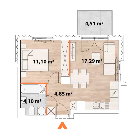 2 pokoje, mieszkanie 37,33 m², piętro 2, oferta nr 43/POR-C.02.02, Apartamenty Portowa, Kraków, Podgórze, Zabłocie, ul. Portowa 43