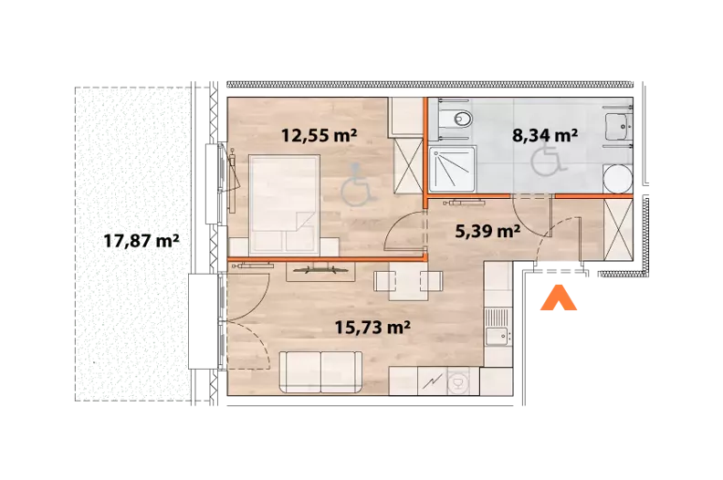 2 pokoje, mieszkanie 41,75 m², parter, oferta nr 43/POR-A.00.01, Apartamenty Portowa, Kraków, Podgórze, Zabłocie, ul. Portowa 43