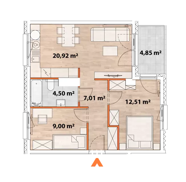 3 pokoje, mieszkanie 53,60 m², piętro 3, oferta nr 43/POR-A.03.07, Apartamenty Portowa, Kraków, Podgórze, Zabłocie, ul. Portowa 43