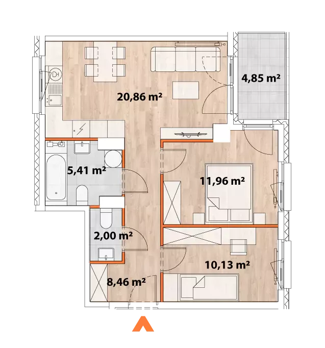3 pokoje, mieszkanie 58,50 m², piętro 5, oferta nr 43/POR-B.05.01, Apartamenty Portowa, Kraków, Podgórze, Zabłocie, ul. Portowa 43