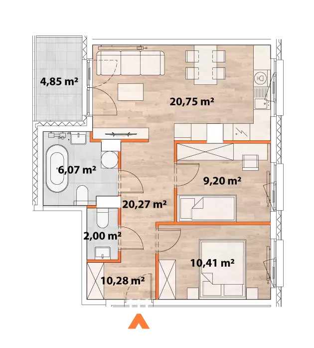 3 pokoje, mieszkanie 58,40 m², piętro 3, oferta nr 43/POR-B.03.01, Apartamenty Portowa, Kraków, Podgórze, Zabłocie, ul. Portowa 43