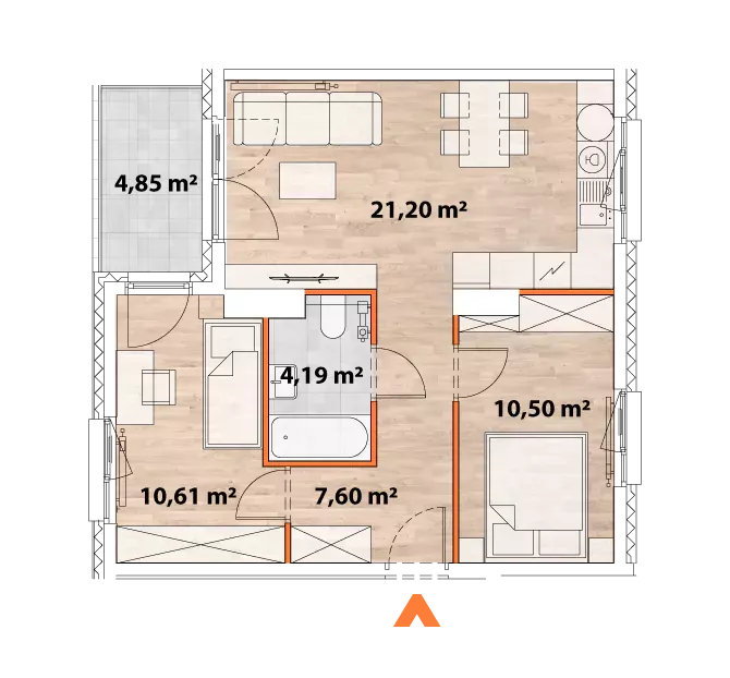 3 pokoje, mieszkanie 53,90 m², piętro 7, oferta nr 43/POR-A.07.04, Apartamenty Portowa, Kraków, Podgórze, Zabłocie, ul. Portowa 43