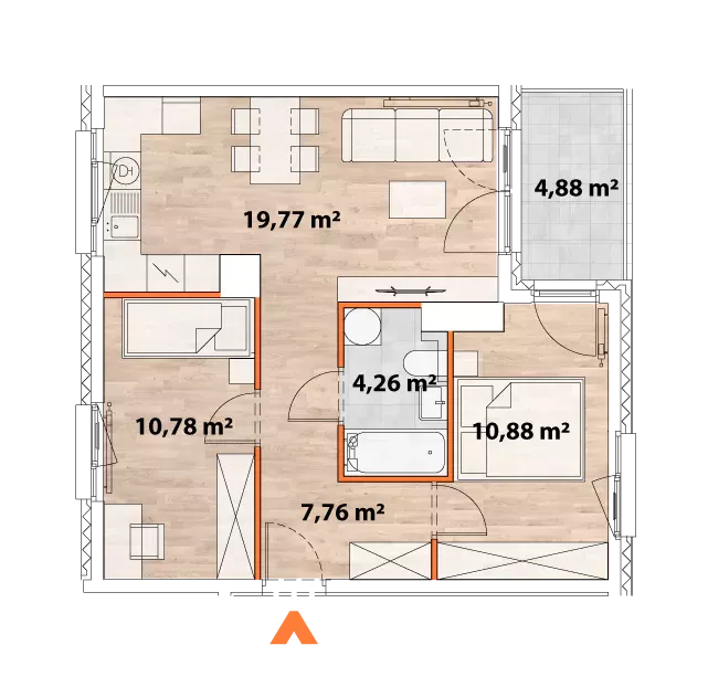 3 pokoje, mieszkanie 53,38 m², piętro 6, oferta nr 43/POR-C.06.01, Apartamenty Portowa, Kraków, Podgórze, Zabłocie, ul. Portowa 43