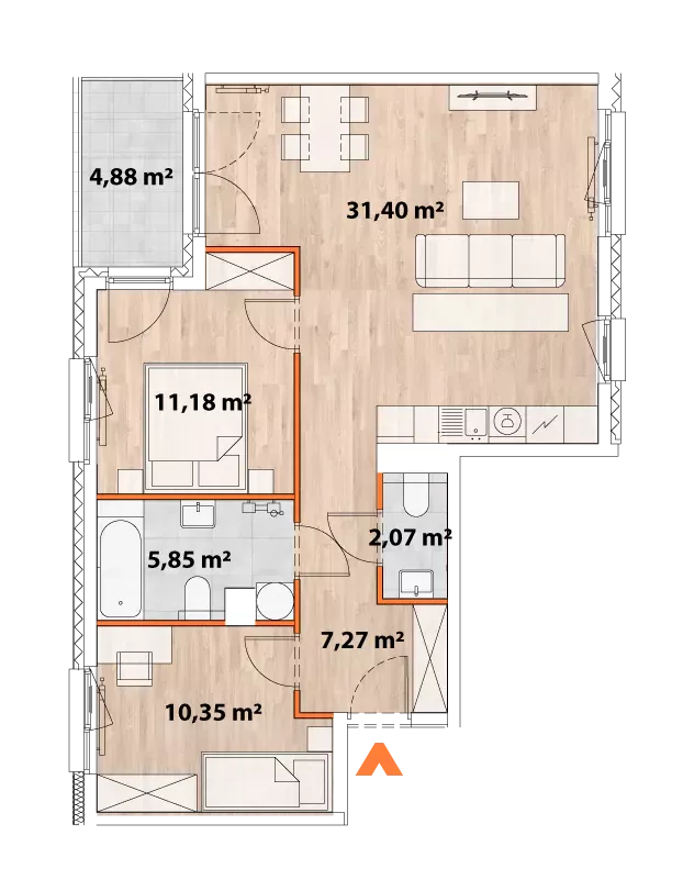 3 pokoje, mieszkanie 67,71 m², piętro 6, oferta nr 43/POR-B.06.04, Apartamenty Portowa, Kraków, Podgórze, Zabłocie, ul. Portowa 43