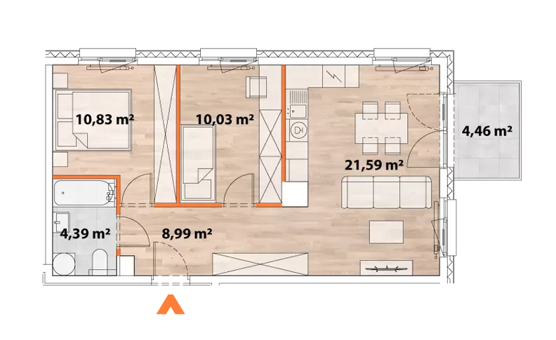 3 pokoje, mieszkanie 55,47 m², piętro 6, oferta nr 43/POR-A.06.05, Apartamenty Portowa, Kraków, Podgórze, Zabłocie, ul. Portowa 43