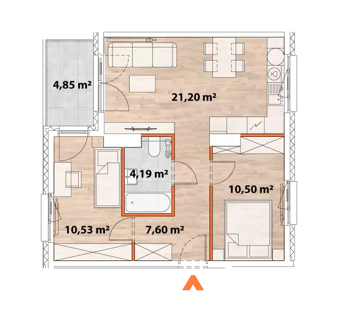 3 pokoje, mieszkanie 53,78 m², piętro 4, oferta nr 43/POR-A.04.07, Apartamenty Portowa, Kraków, Podgórze, Zabłocie, ul. Portowa 43