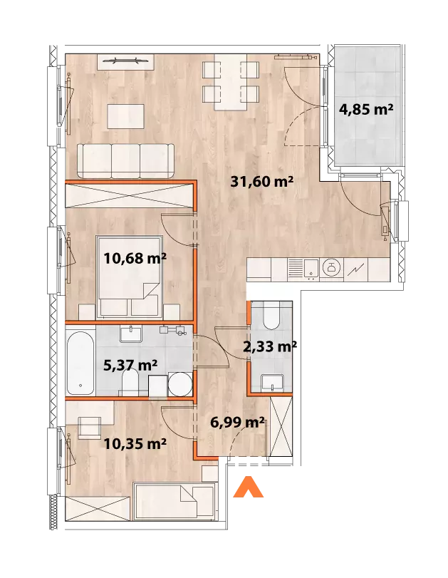 3 pokoje, mieszkanie 66,89 m², piętro 3, oferta nr 43/POR-B.03.04, Apartamenty Portowa, Kraków, Podgórze, Zabłocie, ul. Portowa 43