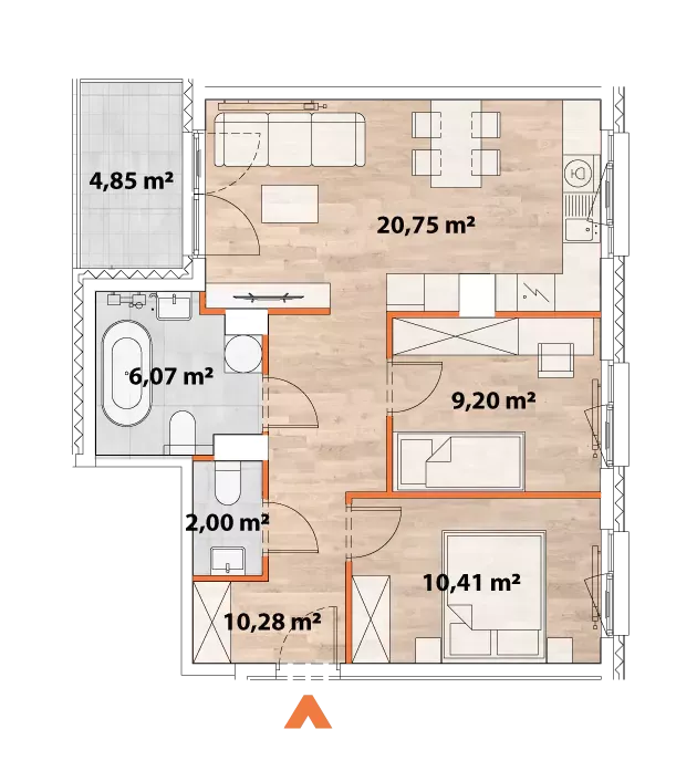 3 pokoje, mieszkanie 58,34 m², piętro 2, oferta nr 43/POR-B.02.01, Apartamenty Portowa, Kraków, Podgórze, Zabłocie, ul. Portowa 43