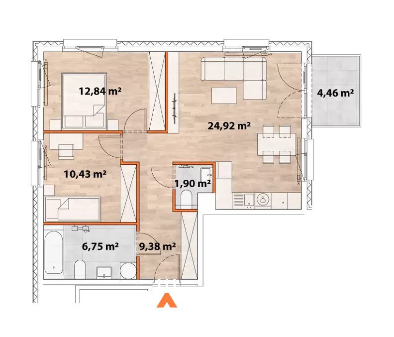 3 pokoje, mieszkanie 65,80 m², piętro 1, oferta nr 43/POR-C.01.03, Apartamenty Portowa, Kraków, Podgórze, Zabłocie, ul. Portowa 43