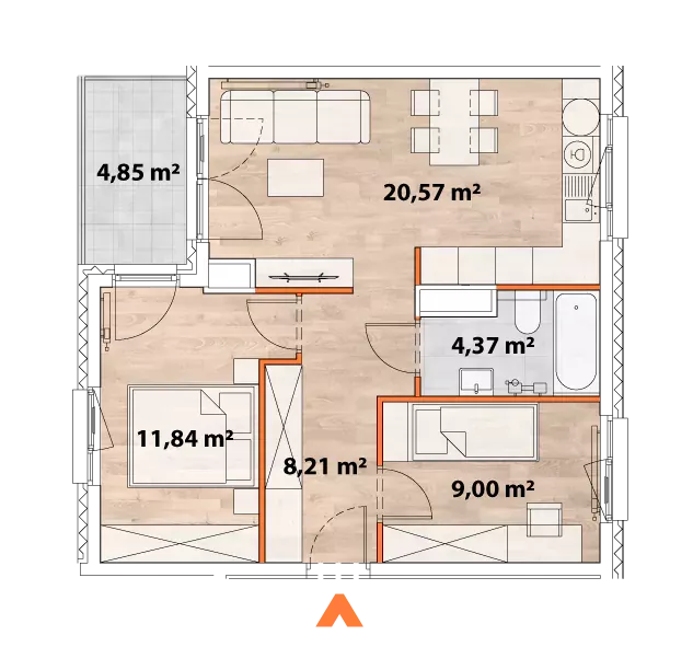 3 pokoje, mieszkanie 53,60 m², piętro 1, oferta nr 43/POR-C.01.01, Apartamenty Portowa, Kraków, Podgórze, Zabłocie, ul. Portowa 43
