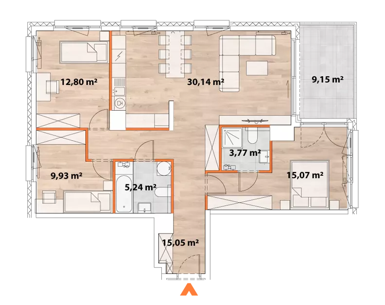 4 pokoje, mieszkanie 91,51 m², piętro 7, oferta nr 43/POR-A.07.02, Apartamenty Portowa, Kraków, Podgórze, Zabłocie, ul. Portowa 43
