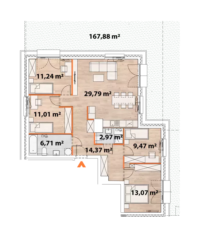 5 pokoi, mieszkanie 98,35 m², parter, oferta nr 43/POR-C.00.01, Apartamenty Portowa, Kraków, Podgórze, Zabłocie, ul. Portowa 43