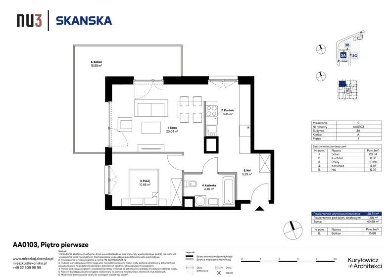 2 pokoje, mieszkanie 48,81 m², piętro 1, oferta nr AA0103, NU3 Warszawa Wola, Warszawa, Wola, Czyste, ul. Kolejowa