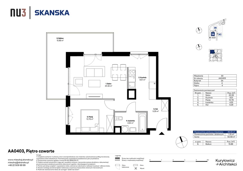 2 pokoje, mieszkanie 49,43 m², piętro 4, oferta nr AA0403, NU3 Warszawa Wola, Warszawa, Wola, Czyste, ul. Kolejowa