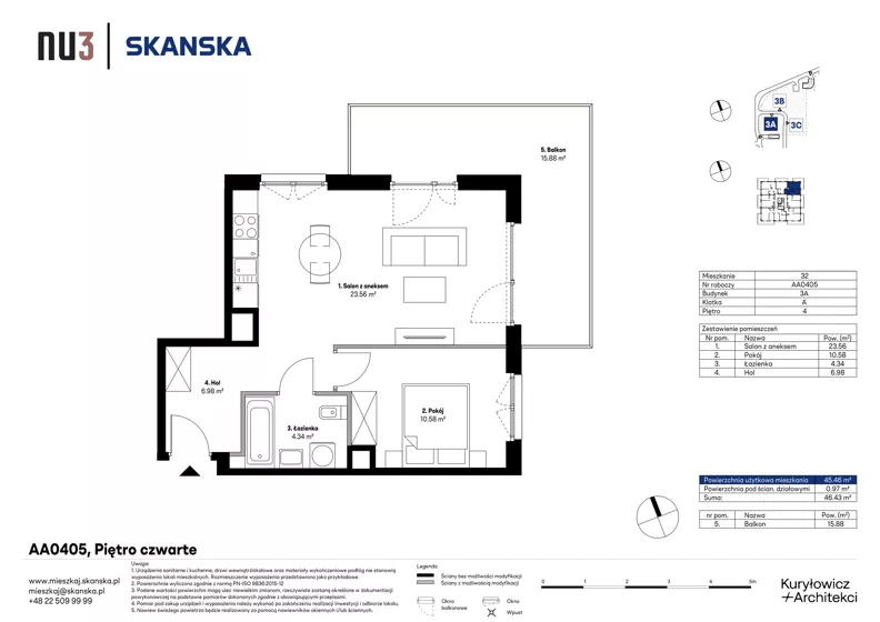2 pokoje, mieszkanie 45,46 m², piętro 4, oferta nr AA0405, NU3 Warszawa Wola, Warszawa, Wola, Czyste, ul. Kolejowa