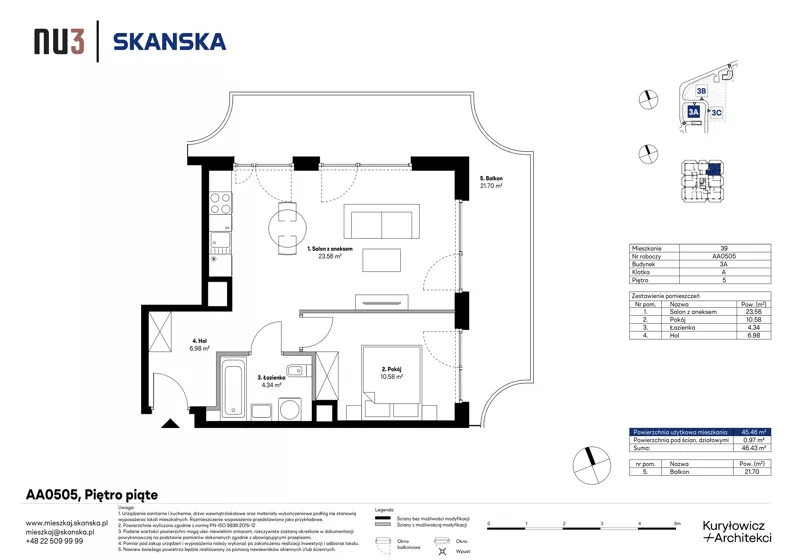 2 pokoje, mieszkanie 45,46 m², piętro 5, oferta nr AA0505, NU3 Warszawa Wola, Warszawa, Wola, Czyste, ul. Kolejowa