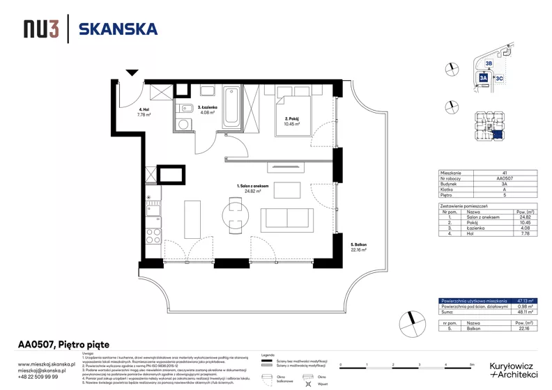 2 pokoje, mieszkanie 47,13 m², piętro 5, oferta nr AA0507, NU3 Warszawa Wola, Warszawa, Wola, Czyste, ul. Kolejowa