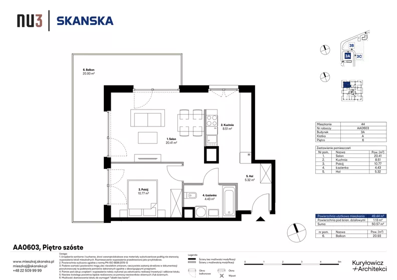 2 pokoje, mieszkanie 49,44 m², piętro 6, oferta nr AA0603, NU3 Warszawa Wola, Warszawa, Wola, Czyste, ul. Kolejowa