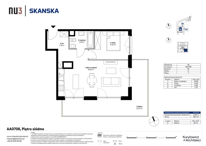2 pokoje, mieszkanie 47,13 m², piętro 7, oferta nr AA0706, NU3 Warszawa Wola, Warszawa, Wola, Czyste, ul. Kolejowa