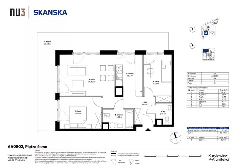 3 pokoje, mieszkanie 61,96 m², piętro 8, oferta nr AA0802, NU3 Warszawa Wola, Warszawa, Wola, Czyste, ul. Kolejowa