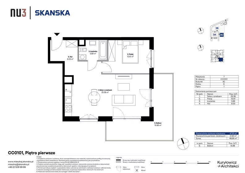 2 pokoje, mieszkanie 47,91 m², piętro 1, oferta nr CC0101, NU3 Warszawa Wola, Warszawa, Wola, Czyste, ul. Kolejowa