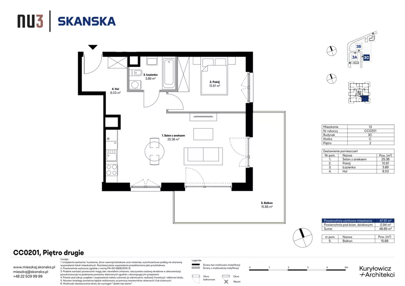 2 pokoje, mieszkanie 47,91 m², piętro 2, oferta nr CC0201, NU3 Warszawa Wola, Warszawa, Wola, Czyste, ul. Kolejowa