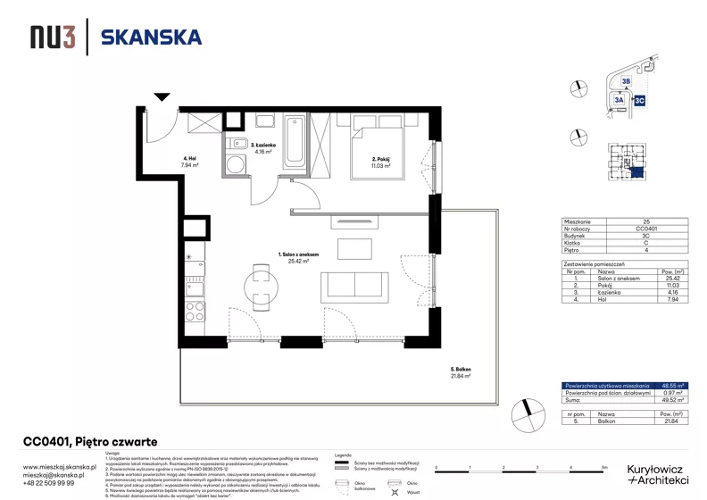 2 pokoje, mieszkanie 48,55 m², piętro 4, oferta nr CC0401, NU3 Warszawa Wola, Warszawa, Wola, Czyste, ul. Kolejowa