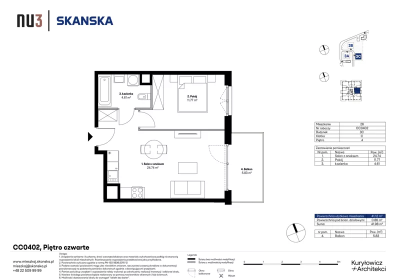 2 pokoje, mieszkanie 41,12 m², piętro 4, oferta nr CC0402, NU3 Warszawa Wola, Warszawa, Wola, Czyste, ul. Kolejowa