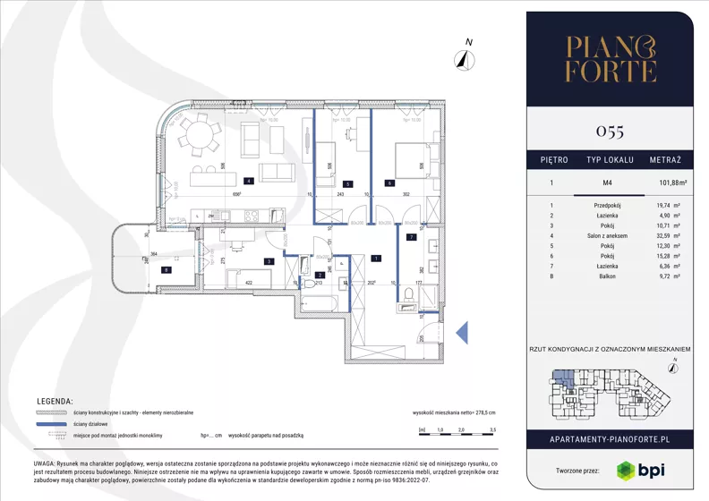 4 pokoje, apartament 101,88 m², piętro 1, oferta nr PF-M-01.055, PianoForte, Warszawa, Mokotów, Sielce, ul. Zajączkowska 3