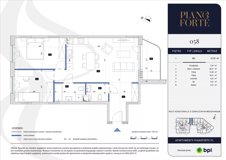 3 pokoje, apartament 67,74 m², piętro 1, oferta nr PF-M-01.058, PianoForte, Warszawa, Mokotów, Sielce, ul. Zajączkowska 3