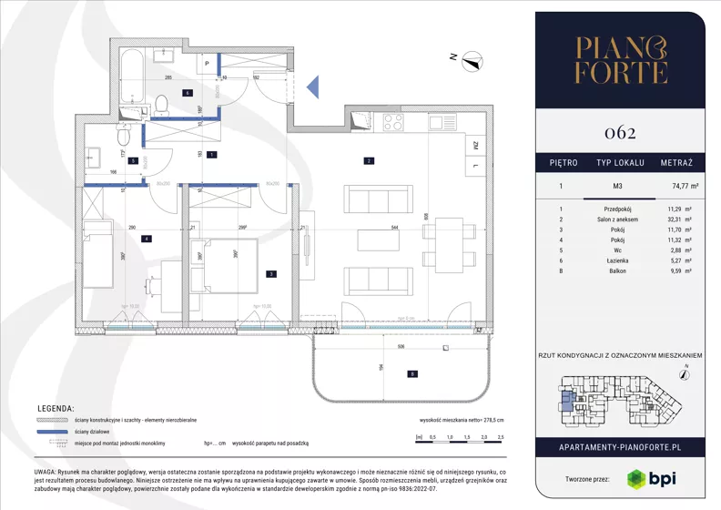 3 pokoje, apartament 74,69 m², piętro 1, oferta nr PF-M-01.062, PianoForte, Warszawa, Mokotów, Sielce, ul. Zajączkowska 3