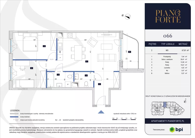 3 pokoje, apartament 67,74 m², piętro 2, oferta nr PF-M-02.066, PianoForte, Warszawa, Mokotów, Sielce, ul. Zajączkowska 3