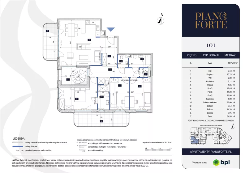 4 pokoje, apartament 107,49 m², piętro 6, oferta nr PF-M-06.101, PianoForte, Warszawa, Mokotów, Sielce, ul. Zajączkowska 3