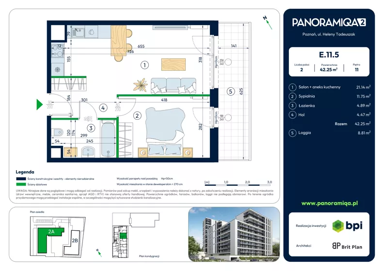 2 pokoje, mieszkanie 42,25 m², piętro 11, oferta nr E-11-5, Panoramiqa II, Poznań, Rataje, Starołęka, ul. Heleny Tadeuszak