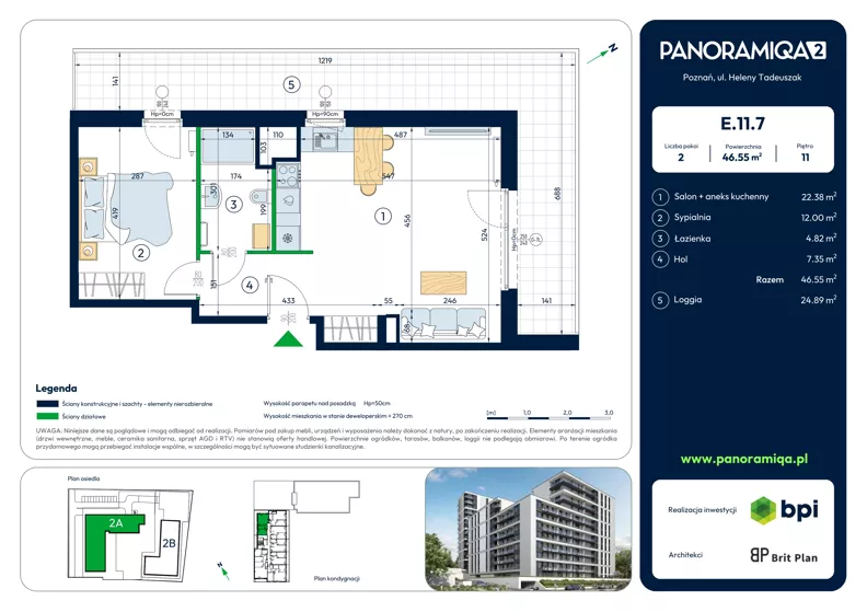 2 pokoje, apartament 46,55 m², piętro 11, oferta nr E-11-7, Panoramiqa II, Poznań, Rataje, Starołęka, ul. Heleny Tadeuszak